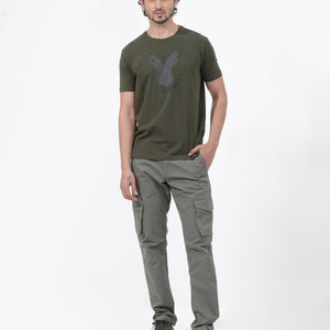 Rare Rabbit Articale Mens Del Olive Cotton Polyester Fabric Short Sleeve Crew Neck Regular Fit Printed T-Shirt