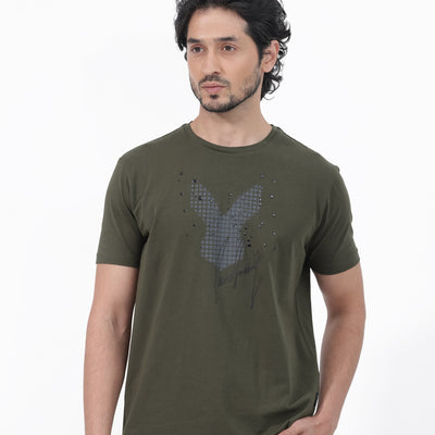 Rare Rabbit Articale Mens Del Olive Cotton Polyester Fabric Short Sleeve Crew Neck Regular Fit Printed T-Shirt