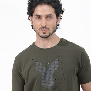 Rare Rabbit Articale Mens Del Olive Cotton Polyester Fabric Short Sleeve Crew Neck Regular Fit Printed T-Shirt
