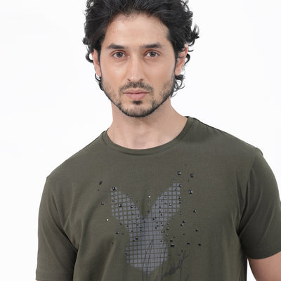 Rare Rabbit Articale Mens Del Olive Cotton Polyester Fabric Short Sleeve Crew Neck Regular Fit Printed T-Shirt