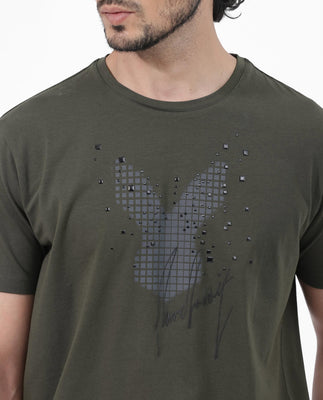 Rare Rabbit Articale Mens Del Olive Cotton Polyester Fabric Short Sleeve Crew Neck Regular Fit Printed T-Shirt