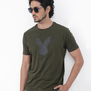 Rare Rabbit Articale Mens Del Olive Cotton Polyester Fabric Short Sleeve Crew Neck Regular Fit Printed T-Shirt