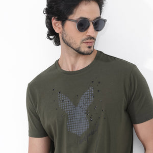 Rare Rabbit Articale Mens Del Olive Cotton Polyester Fabric Short Sleeve Crew Neck Regular Fit Printed T-Shirt