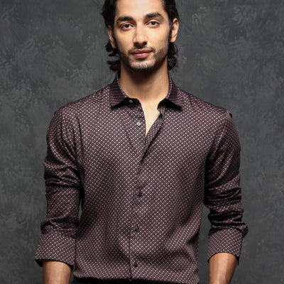 Rare Rabbit Men's Delky Black Shirt Modal Cotton Fabric Full Sleeves Monogram Shirt