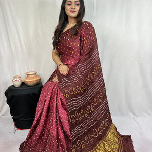 Pure Modal Silk Barik Bandhej work Bandhani Saree