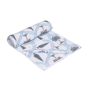 Jaipur Mela Hand Block Printed Blue Trees and Flowers Single Bed Dohar