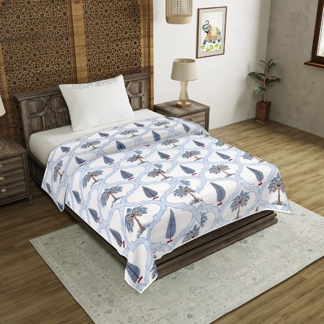 Jaipur Mela Hand Block Printed Blue Trees and Flowers Single Bed Dohar