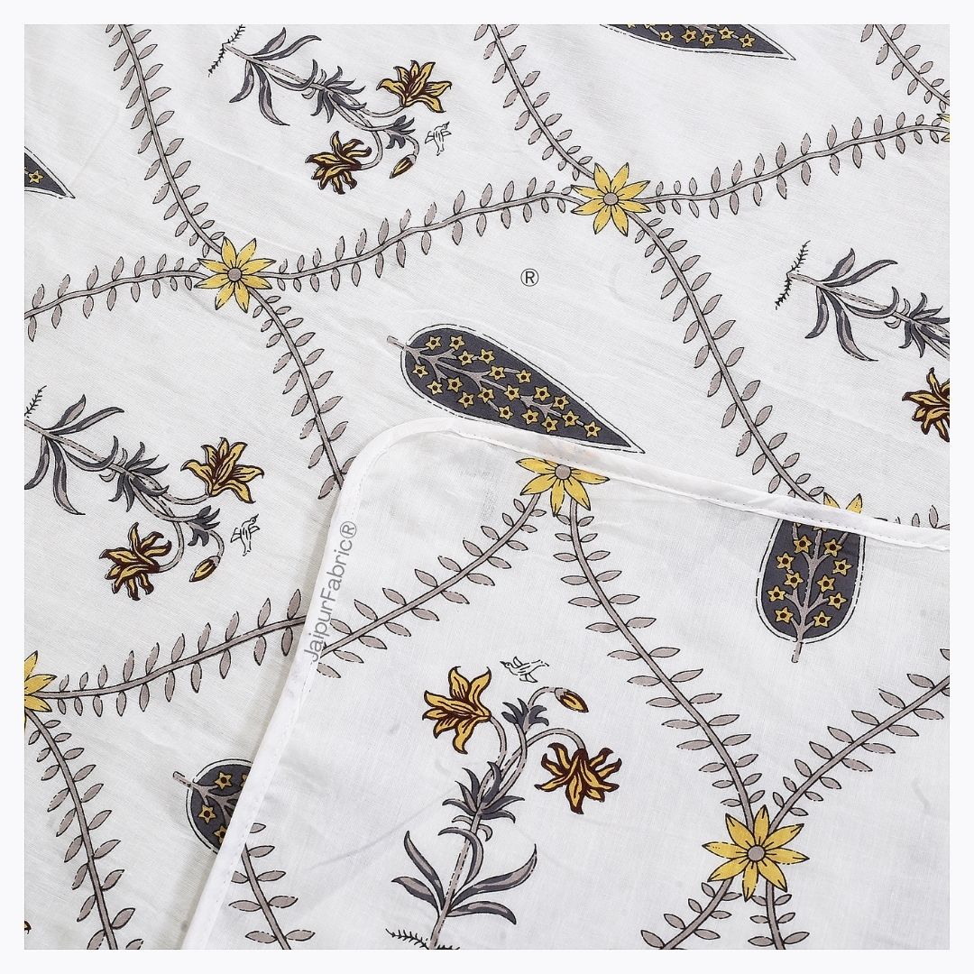 Beautiful Yellow & Grey Pookalam Floral Symphony Rihaa Handblock Printed Single Bed Dohar