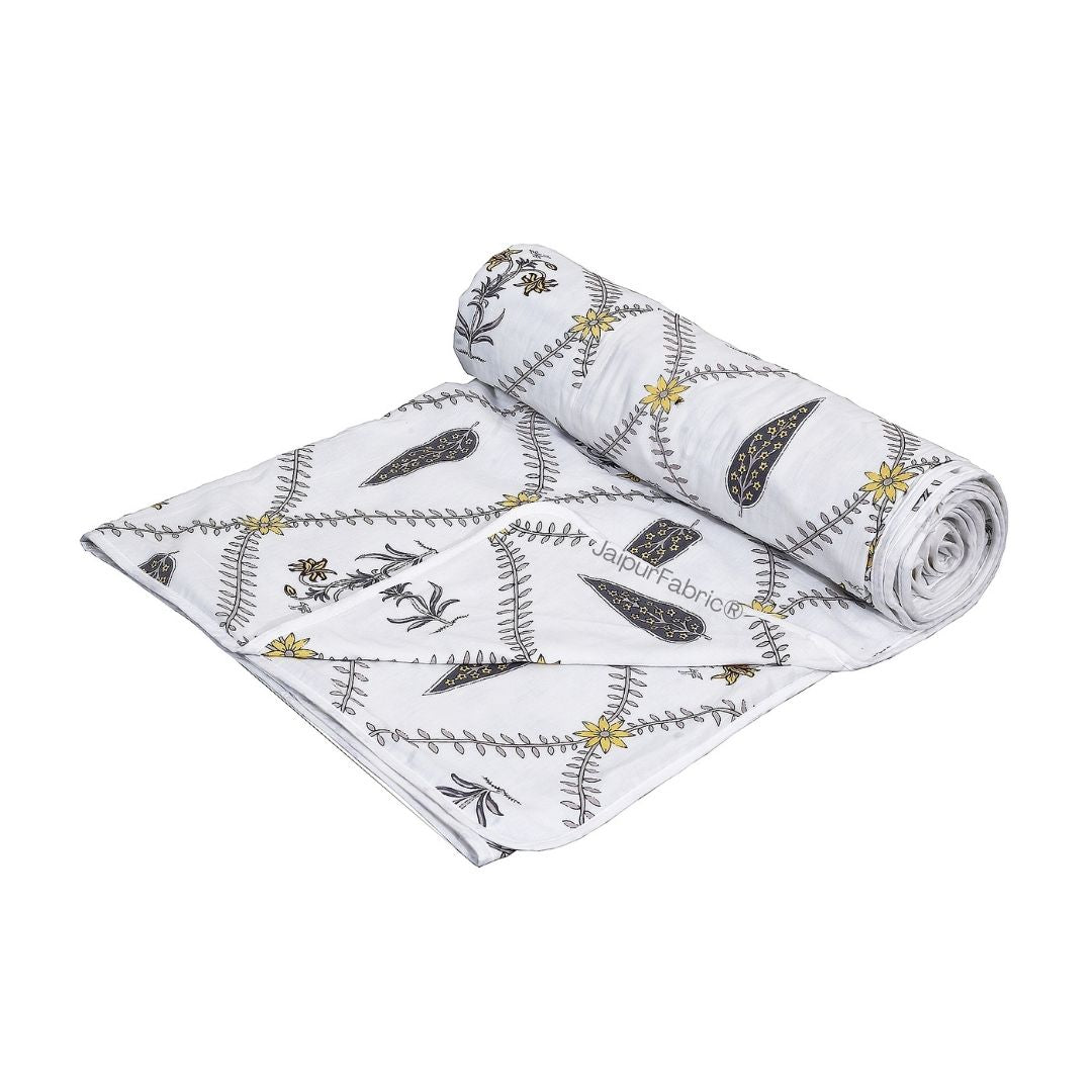 Beautiful Yellow & Grey Pookalam Floral Symphony Rihaa Handblock Printed Single Bed Dohar