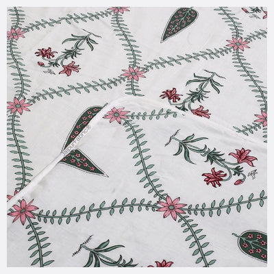 Madhuban Handblock Single Bed Dohar Pink Flowers and Green Leaves