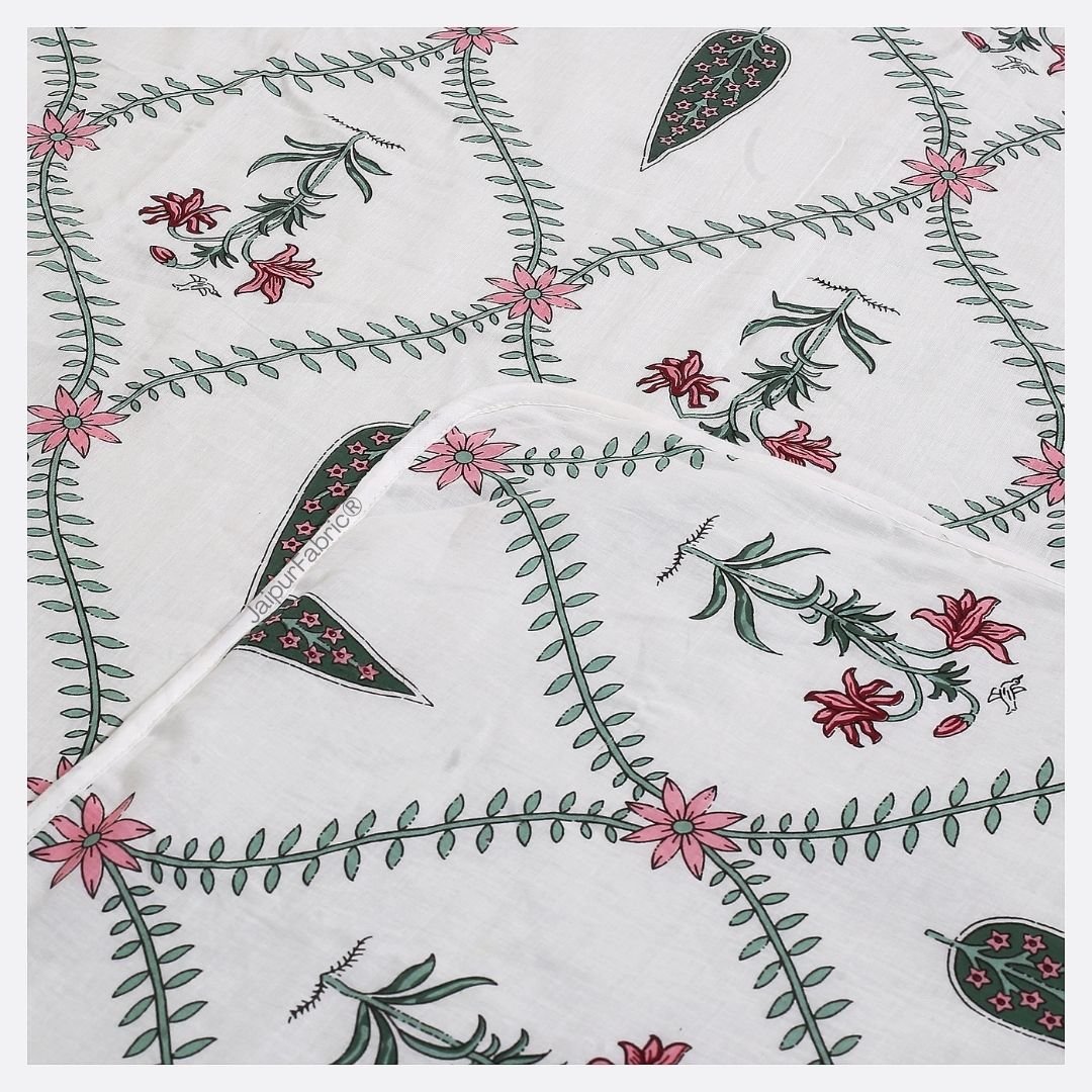 Madhuban Handblock Single Bed Dohar Pink Flowers and Green Leaves