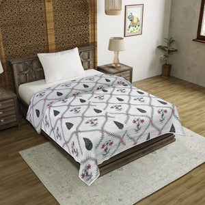 Madhuban Handblock Single Bed Dohar Pink Flowers and Green Leaves