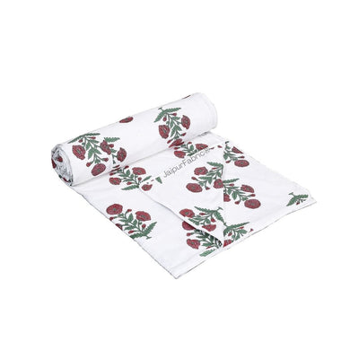 Ocean Enclave Handblock Red Flowers and Green Leaves Single Bed Dohar