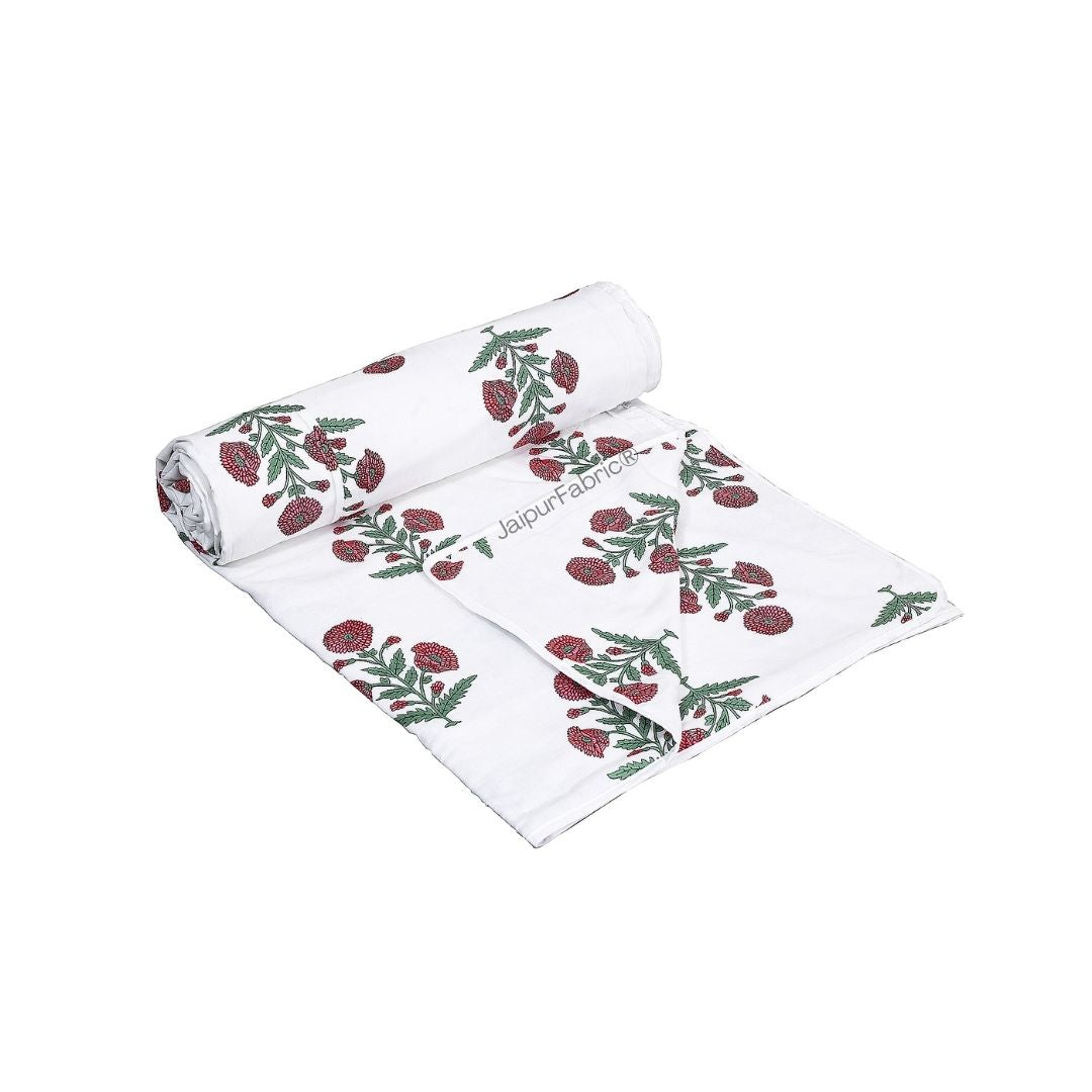 Ocean Enclave Handblock Red Flowers and Green Leaves Single Bed Dohar
