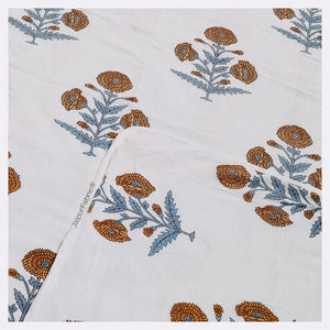 Classic Floral Boota Hand Block Printed Single Bed Dohar with Marigold Flower and Grey Leaves