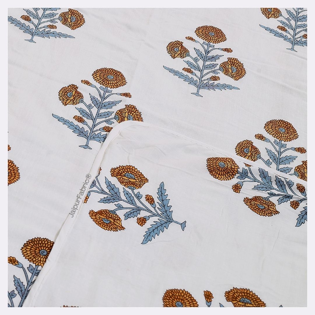 Classic Floral Boota Hand Block Printed Single Bed Dohar with Marigold Flower and Grey Leaves