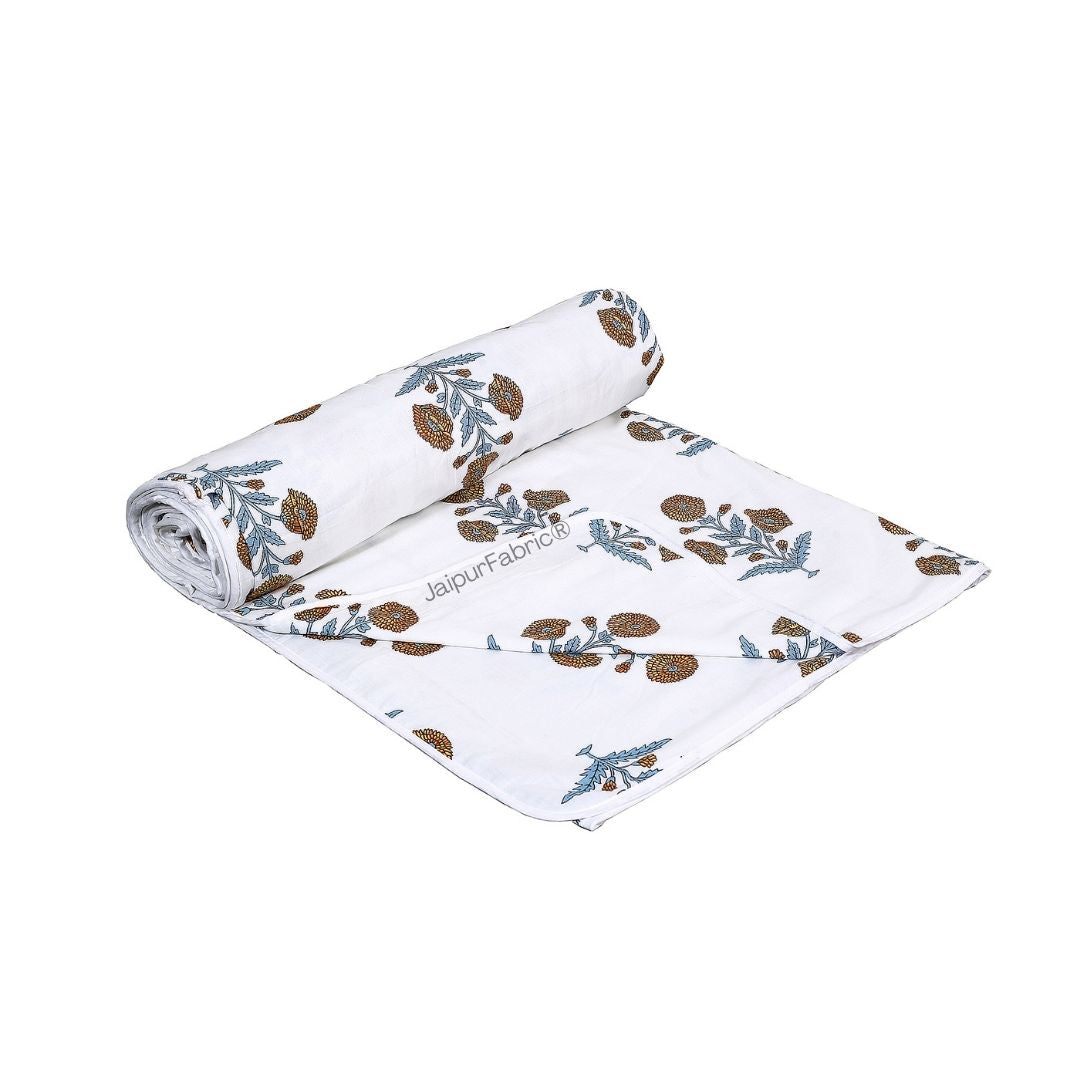 Classic Floral Boota Hand Block Printed Single Bed Dohar with Marigold Flower and Grey Leaves