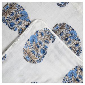 Floral Blue Indian Kairi Design Pinar Block Hand Block Printed Single Bed Dohar