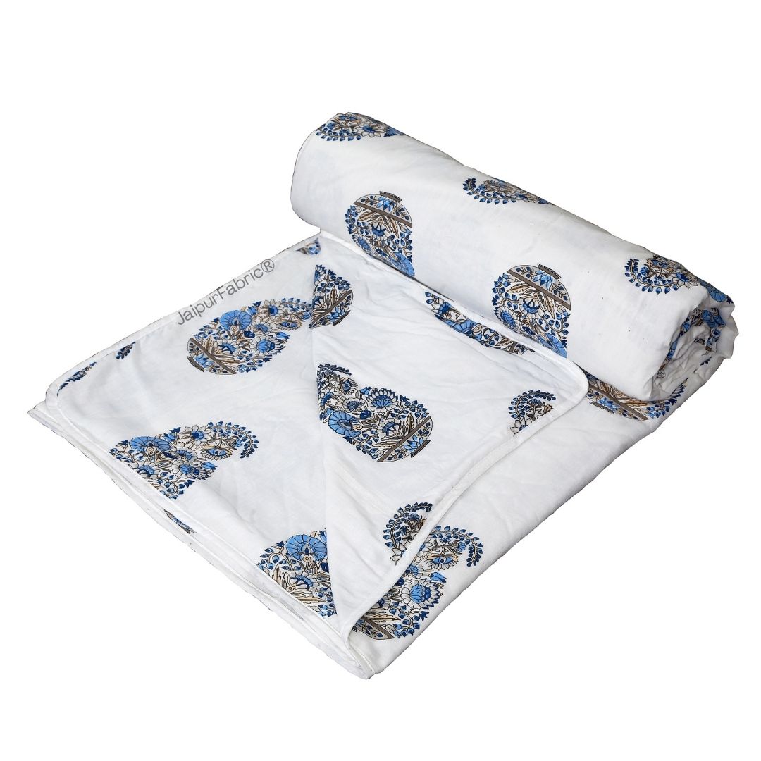 Floral Blue Indian Kairi Design Pinar Block Hand Block Printed Single Bed Dohar
