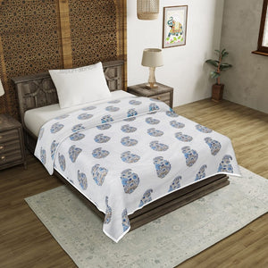 Floral Blue Indian Kairi Design Pinar Block Hand Block Printed Single Bed Dohar