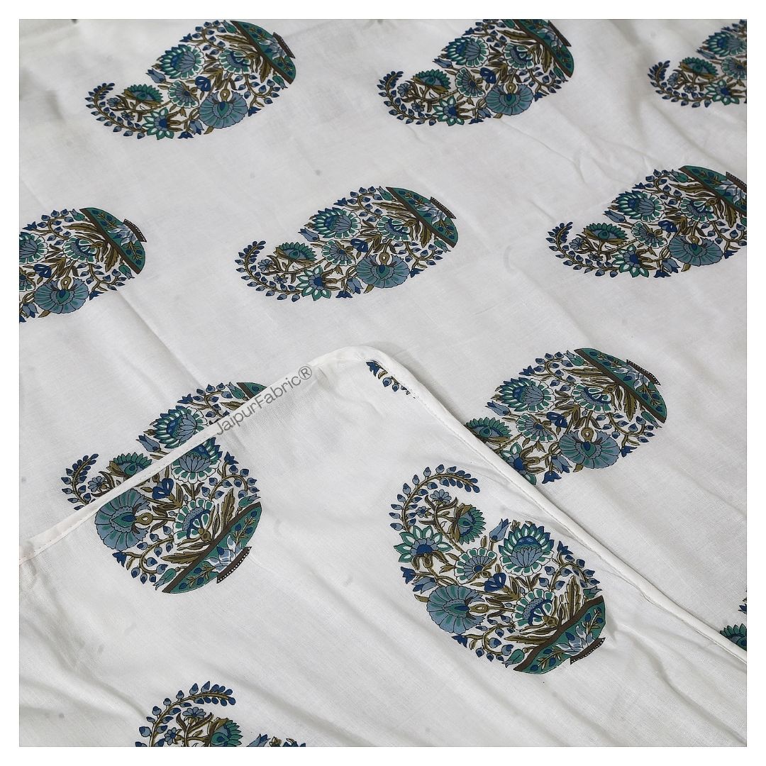 Padma Hand Block Floral Jaipuri Green Kairi Design Single Bed Dohar Crafted in India