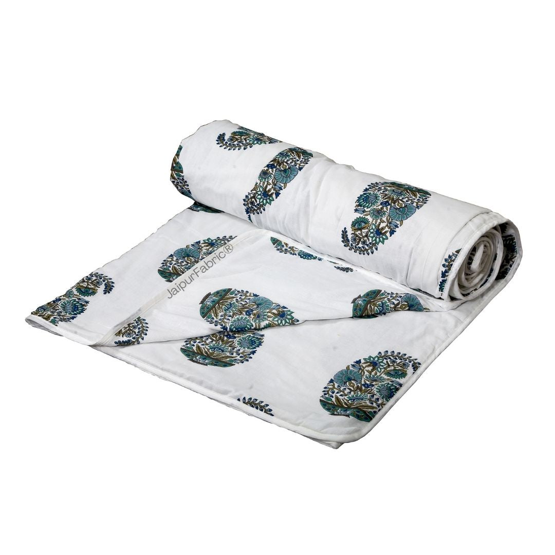 Padma Hand Block Floral Jaipuri Green Kairi Design Single Bed Dohar Crafted in India