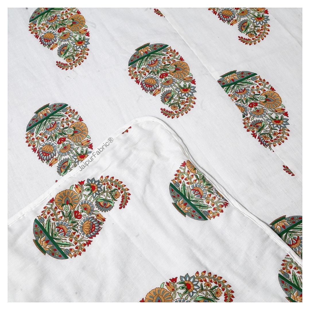 Hand Block Printed Floral Valley Bunai Pattern Indian Kairi Design Single Bed Dohar
