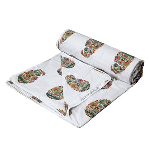 Hand Block Printed Floral Valley Bunai Pattern Indian Kairi Design Single Bed Dohar