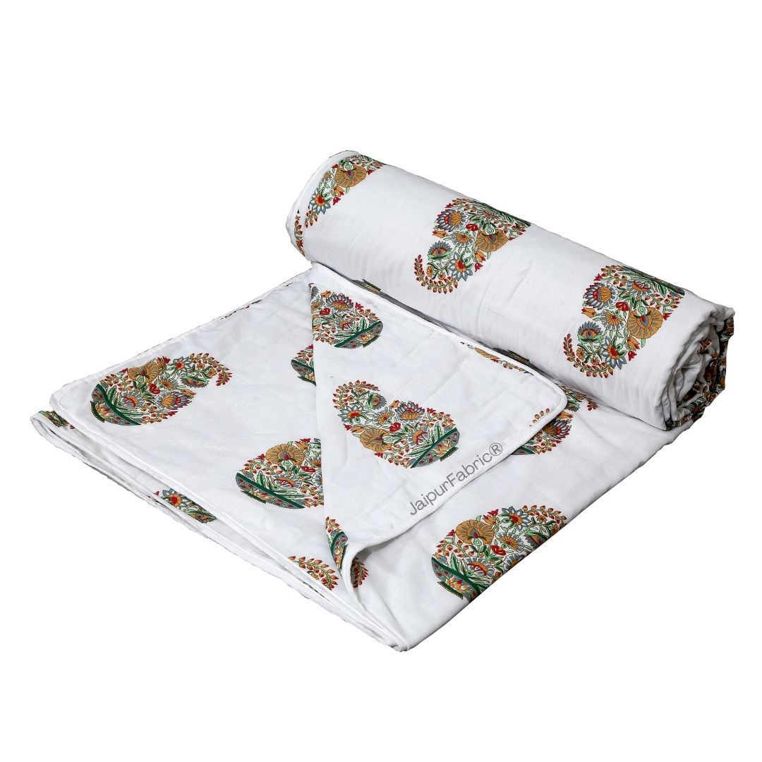 Hand Block Printed Floral Valley Bunai Pattern Indian Kairi Design Single Bed Dohar
