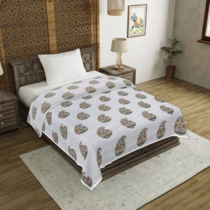Hand Block Printed Floral Valley Bunai Pattern Indian Kairi Design Single Bed Dohar