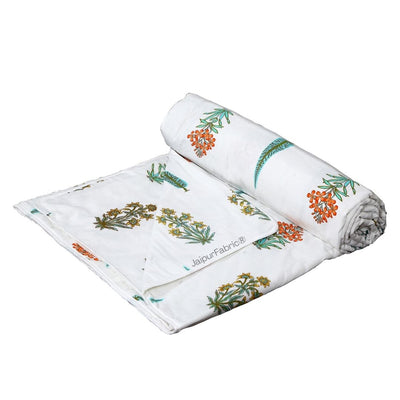 Jaipur Mela Hand Block Printed Sea Green Trees and Flowers Single Bed Dohar