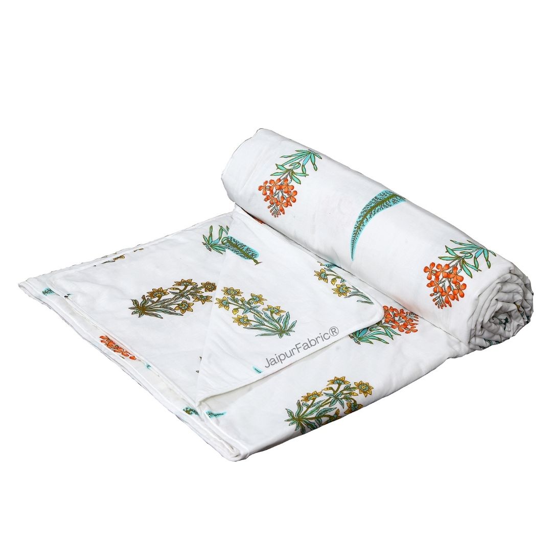 Jaipur Mela Hand Block Printed Sea Green Trees and Flowers Single Bed Dohar
