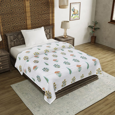 Jaipur Mela Hand Block Printed Sea Green Trees and Flowers Single Bed Dohar