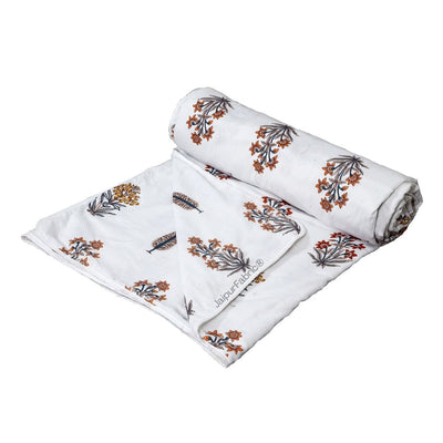 Pink Mustard Flowers Brown Leaves Jaipur Dharohar Boota Print Single Bed Dohar
