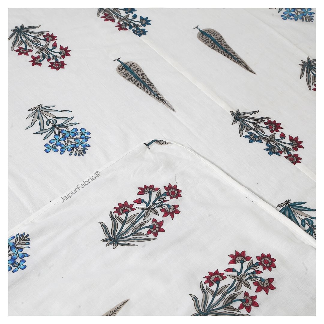 India Blocks of Red Blue Flowers Grey Leaves Block Single Bed Dohar