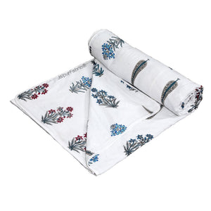 India Blocks of Red Blue Flowers Grey Leaves Block Single Bed Dohar