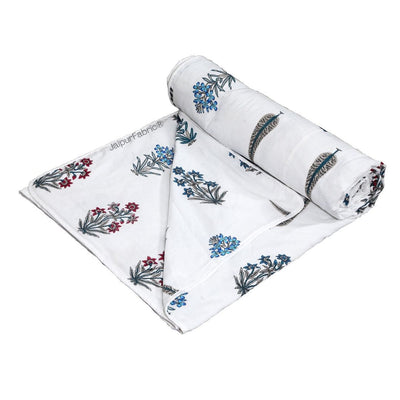 India Blocks of Red Blue Flowers Grey Leaves Block Single Bed Dohar