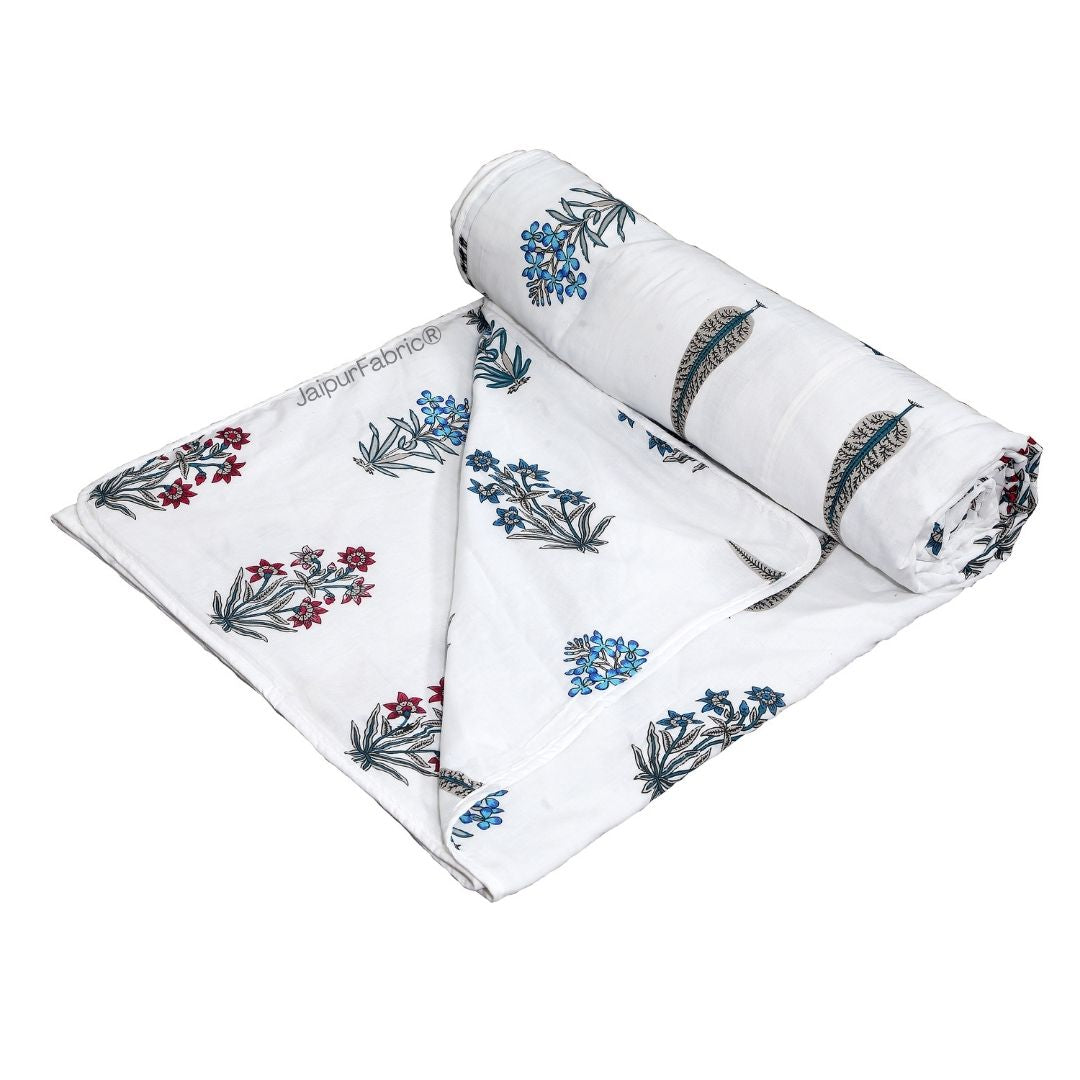 India Blocks of Red Blue Flowers Grey Leaves Block Single Bed Dohar