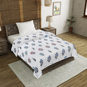 India Blocks of Red Blue Flowers Grey Leaves Block Single Bed Dohar