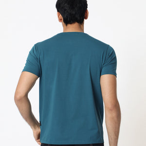 Rare Rabbit Men's Dixie Blue Crew Neck Floral Discharge Print Half Sleeves Slim Fit T-Shirt