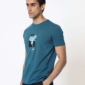 Rare Rabbit Men's Dixie Blue Crew Neck Floral Discharge Print Half Sleeves Slim Fit T-Shirt