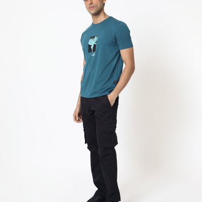 Rare Rabbit Men's Dixie Blue Crew Neck Floral Discharge Print Half Sleeves Slim Fit T-Shirt