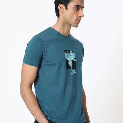 Rare Rabbit Men's Dixie Blue Crew Neck Floral Discharge Print Half Sleeves Slim Fit T-Shirt