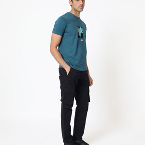 Rare Rabbit Men's Dixie Blue Crew Neck Floral Discharge Print Half Sleeves Slim Fit T-Shirt