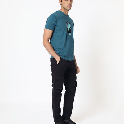 Rare Rabbit Men's Dixie Blue Crew Neck Floral Discharge Print Half Sleeves Slim Fit T-Shirt