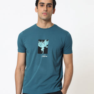 Rare Rabbit Men's Dixie Blue Crew Neck Floral Discharge Print Half Sleeves Slim Fit T-Shirt