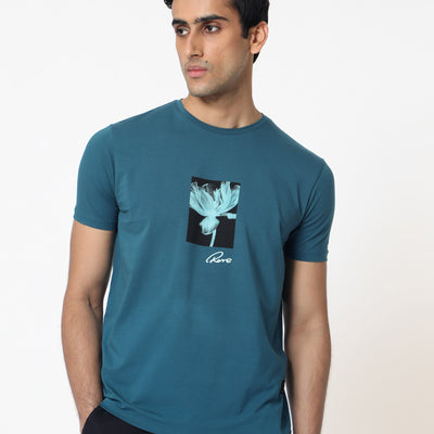 Rare Rabbit Men's Dixie Blue Crew Neck Floral Discharge Print Half Sleeves Slim Fit T-Shirt