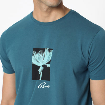 Rare Rabbit Men's Dixie Blue Crew Neck Floral Discharge Print Half Sleeves Slim Fit T-Shirt