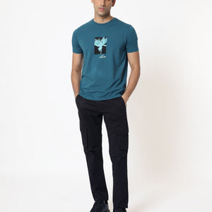 Rare Rabbit Men's Dixie Blue Crew Neck Floral Discharge Print Half Sleeves Slim Fit T-Shirt