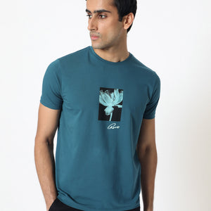 Rare Rabbit Men's Dixie Blue Crew Neck Floral Discharge Print Half Sleeves Slim Fit T-Shirt